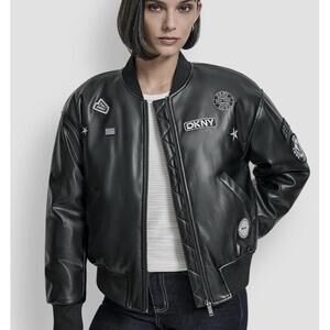 DKNY Women’s Leather Bomber Jacket Zipper Patches Pins Black Medium